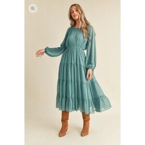 Women's Teal Blue Tiered Midi Dress Size L Ruffle Sleeve Sheer Chiffon Cottage